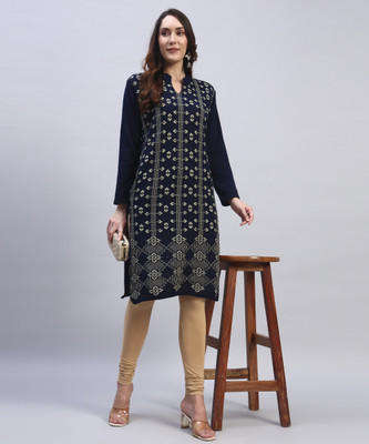 HEMLOCK Women Printed Straight Kurta(Blue)