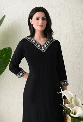 PHYSIL Women Embroidered Straight Kurta(Black)