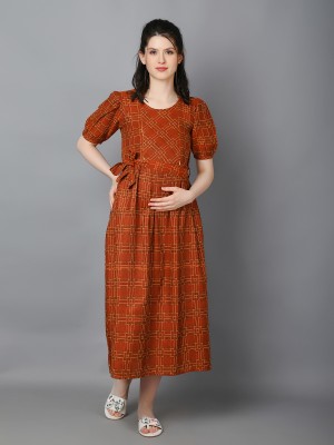 ZUVINO Women Pleated Brown, Yellow Dress