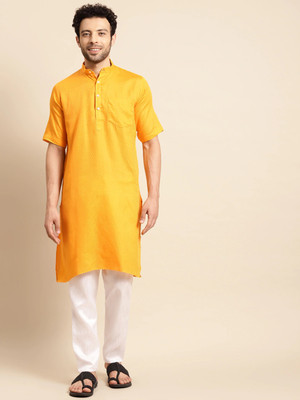 Rajubhai Hargovindas Men Woven Design A-line Kurta(Yellow)