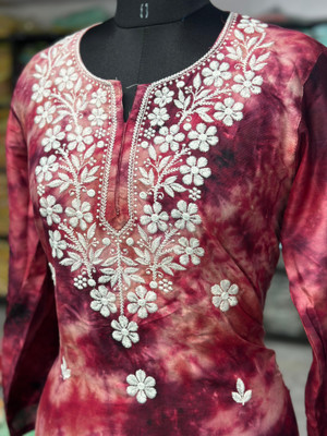 Shibra creation Women Dyed/Ombre, Embroidered, Floral Print, Chikan Embroidery A-line Kurta(Red)