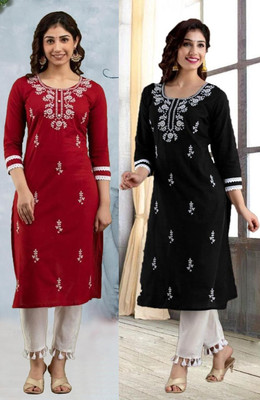 HouseOfCommon Women Chikan Embroidery Straight Kurta(Multicolor)