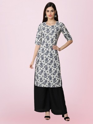 1 Stop Fashion Women Printed Straight Kurta(Grey, White)