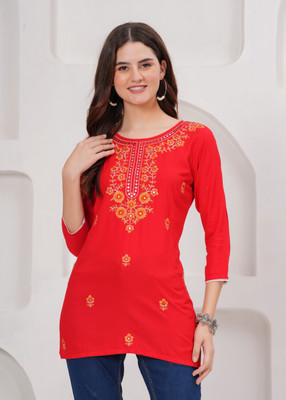 ALEXEY JAY Women Embroidered A-line Kurta(Red)