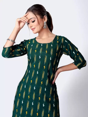 neshapex Women Printed Straight Kurta(Green)