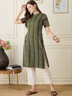 ANOUK Women Geometric Print Straight Kurta(Green)