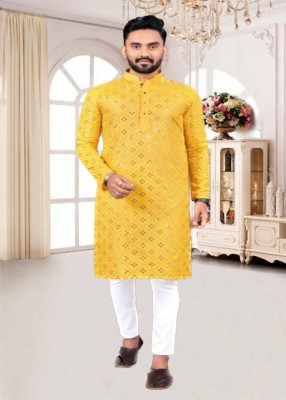 hastifashion Men Embellished Straight Kurta(Yellow)