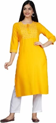 NITYA CREATION Women Embroidered Straight Kurta(Yellow)