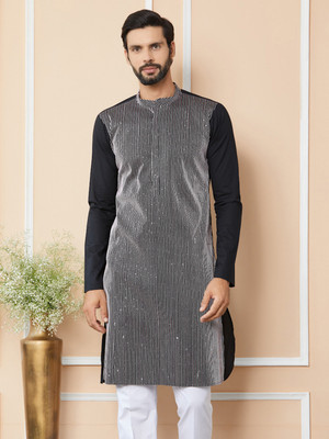 See Designs Men Striped Straight Kurta(Black)