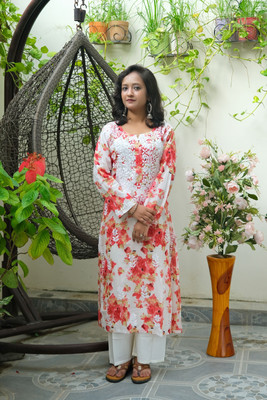 Elegance Hub Women Chikan Embroidery A-line Kurta(Red)