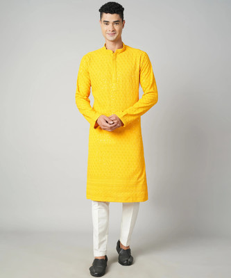VINAARI Men Embroidered Straight Kurta(Yellow)