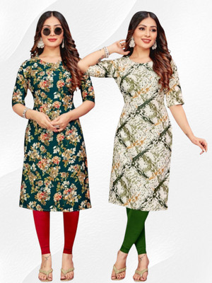 HouseOfCommon Women Printed Straight Kurta(Green, White)