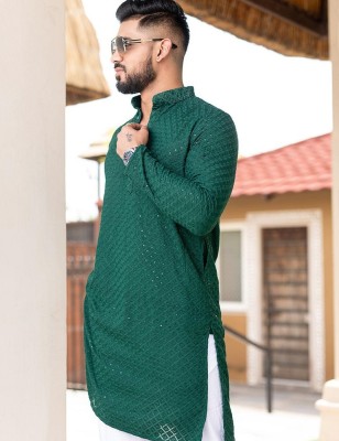 FOXDX Men Chikan Embroidery Straight Kurta(Green)