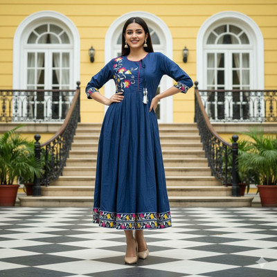shhop Women Embroidered, Floral Print Flared Kurta(Blue)