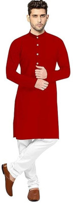 Mann Fashion Men Solid Straight Kurta(Red)