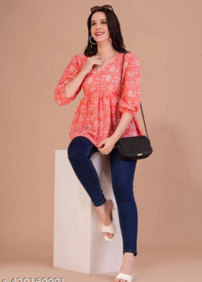 NEW4U Women Floral Print Flared Kurta(Orange)