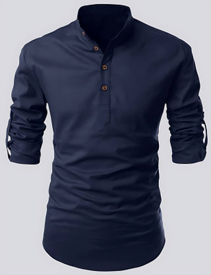 PoshSide Men Solid Flared Kurta(Blue)