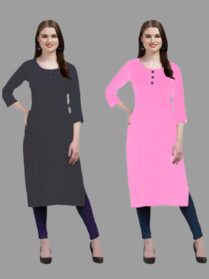 HOFC Women Solid Straight Kurta(Grey, Pink)