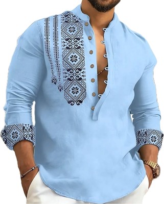 DIMMY Men Printed A-line Kurta(Light Blue, Black)