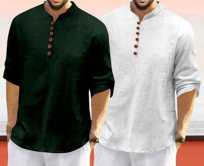 clothingveda Men Solid Straight Kurta(Green, White)