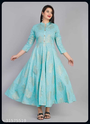 RACHNA FASHION Women Printed Anarkali Kurta(Gold, Blue)