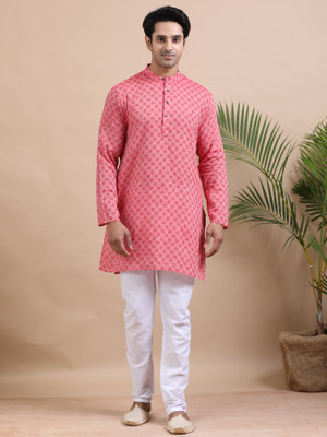 Tattva Men Woven Design Straight Kurta(Red)