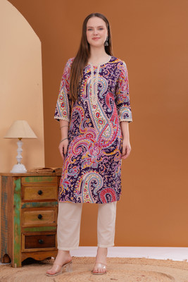 Deepyog Women Printed Straight Kurta(Purple)