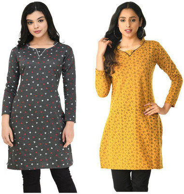 Indeweaves Women Floral Print A-line Kurta(Orange, Grey)