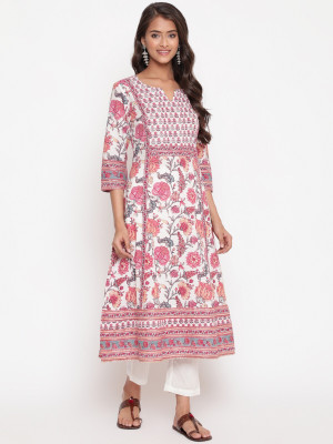 SAVI Women Printed Flared Kurta(Pink)