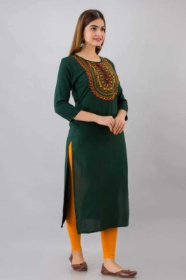 Poonam Fashion Women Embroidered Straight Kurta(Green)