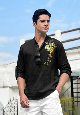 ZIRPIX Men Printed Straight Kurta(Black)
