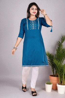 TurningFashion Women Embroidered Straight Kurta(Blue)