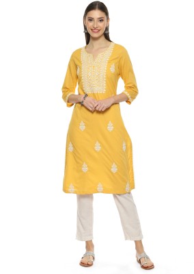 BIBA Women Embroidered Straight Kurta(Yellow)