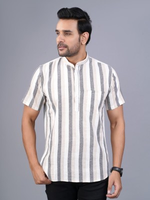 QuaClo Men Striped Straight Kurta(Beige, Grey)