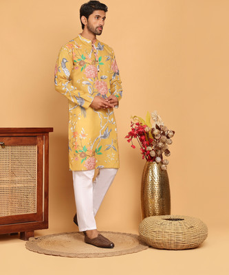 Jompers Men Printed Straight Kurta(Yellow)