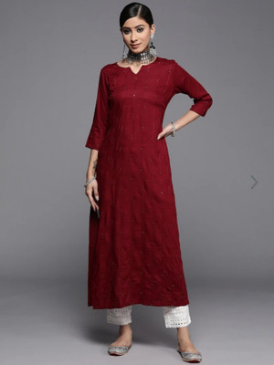 Elegant Creation Women Embroidered Straight Kurta(Maroon)