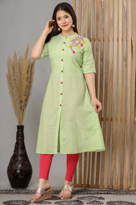 Dizon Women Embroidered A-line Kurta(Dark Green)