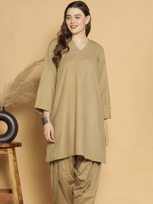 LetsDressUp Women Solid Straight Kurta(Beige)