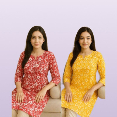 ssf Women Printed Straight Kurta(Red, Yellow)