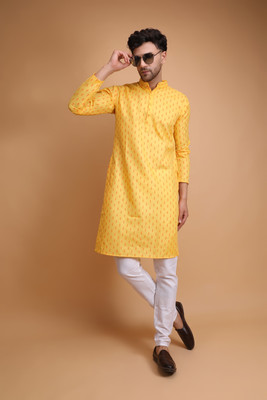 Gajdant Men Printed Straight Kurta(Yellow)
