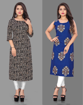 Hiral Creation Women Floral Print Straight Kurta(Blue, Black)