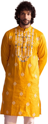 VASTRAMAY Men Embroidered Straight Kurta(Yellow, White)