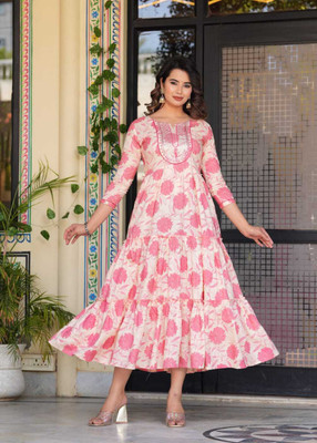 Kanga Creation Women Floral Print Flared Kurta(White)