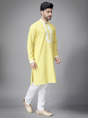 JUGG JUGG JEEYO Men Self Design Straight Kurta(Yellow)