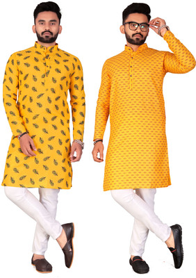 FRELURO Men Printed Straight Kurta(Yellow)