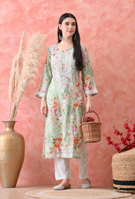 TRENDINAARI Women Chikan Embroidery A-line Kurta(Light Green, White)
