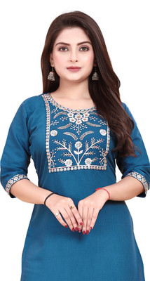 KNG TEXTILE Women Embroidered A-line Kurta(Blue)