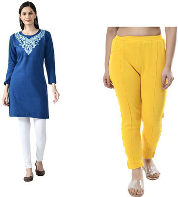 IndiWeaves Women Printed Straight Kurta(Blue, Yellow)