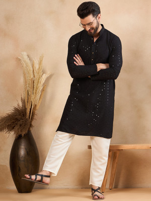 HERE&NOW Men Embroidered Straight Kurta(Black)
