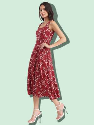 KALAXI Women A-line Red Midi/Calf Length Dress